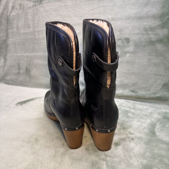 UGG Boots Womens Size 8 Y2K Black Leather Wood Heel Shearling Lined Studded Clog - Picture 7 of 9